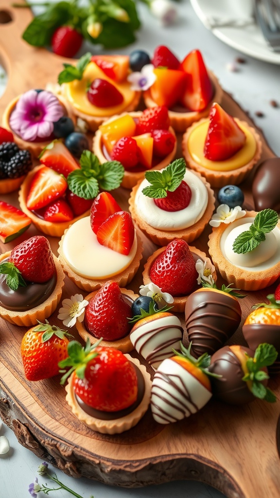 Aesthetic dessert platter with mini cheesecakes, fruit tarts, and chocolate-covered strawberries, beautifully arranged for a social media post.